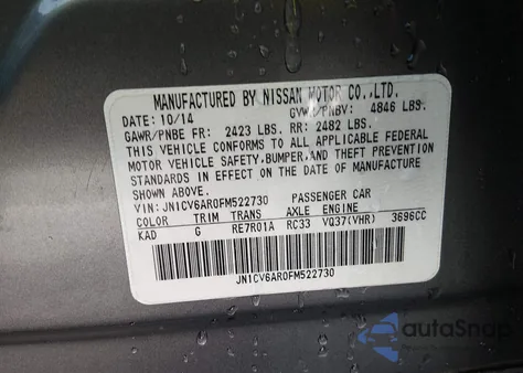 2015 Infiniti Q40 z USA, uszkodzony, nr VIN JN1CV6AR0FM522730